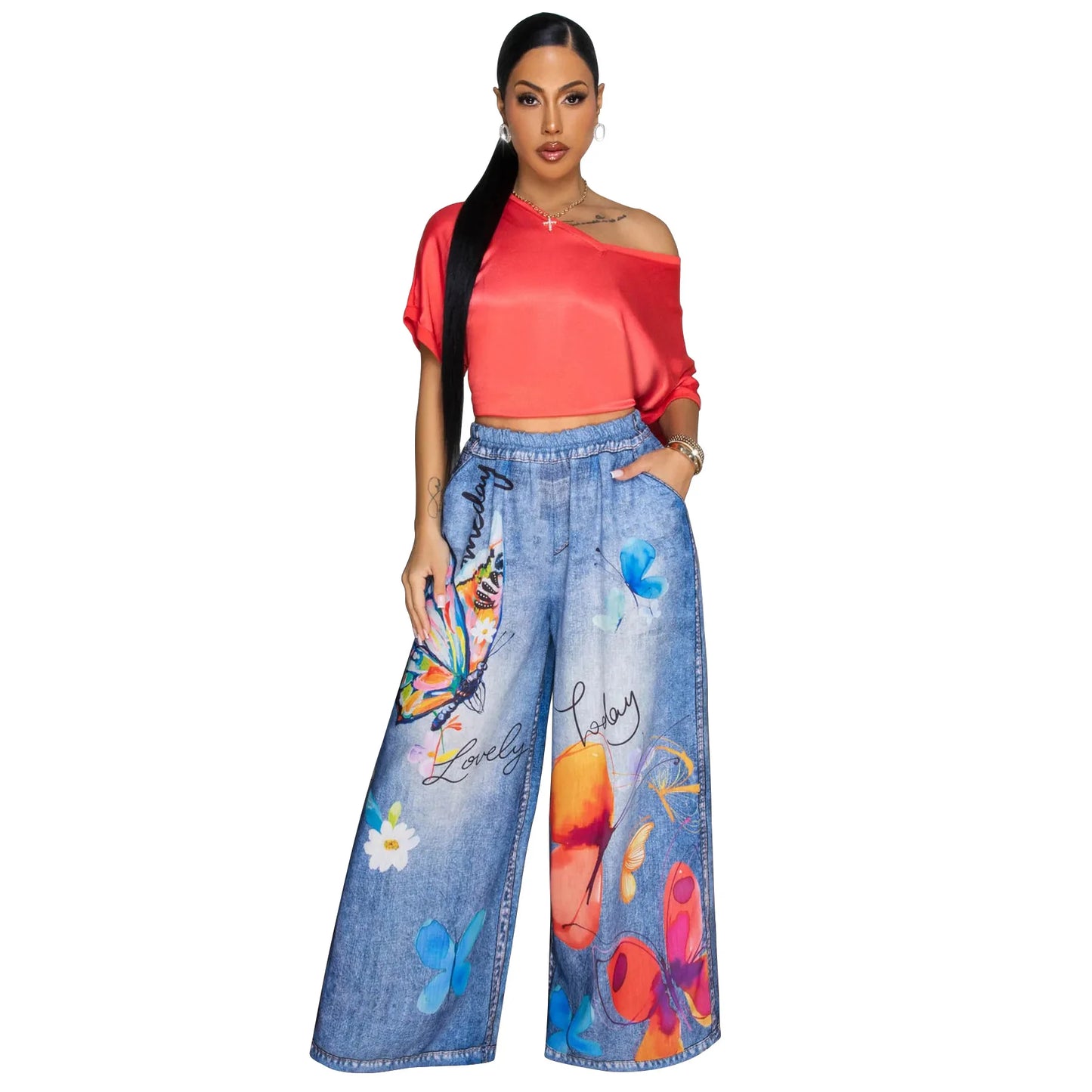 Kadın Günlük Denim Çiçek desenli Pantolon