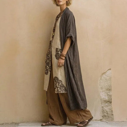 Kadın Keten Kontrast Detaylı Geniş Paça Bohem Vintage Üç Parça Pantolon Takımı