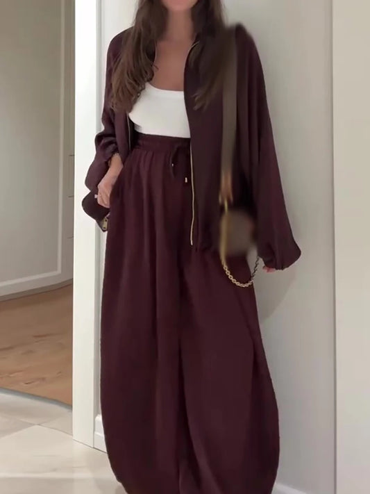 Kadın Düz Renk Uzun Kollu Fermuarlı Günlük Üst ve Pantolon Takımı