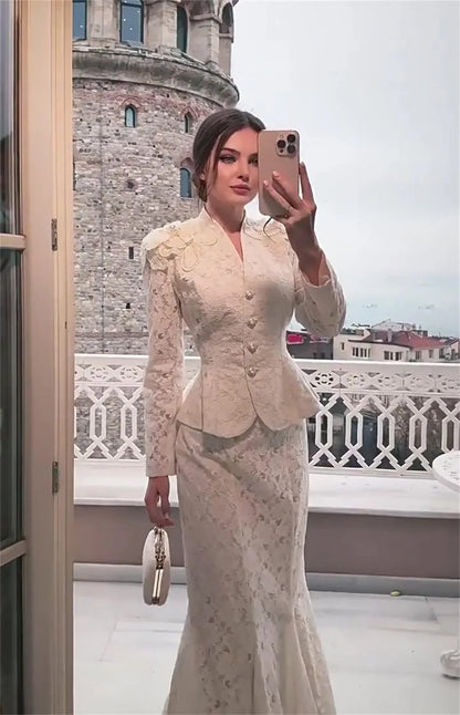 Kadın Davet Dantel V yaka Balık Kesim Etekli İkili Takım
