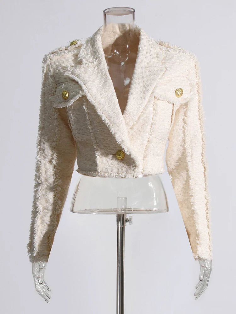 Krem tüvit saçaklı crop blazer ceket