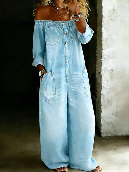 Kadın Denim Omuzları Açık Retro Tulum