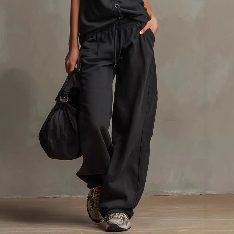 Kadın Kolsuz Yüksek Bel Geniş Paça Düğmeli Vintage Üst ve Pantolon Takımı