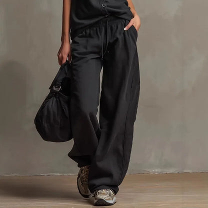 Kadın Kolsuz Yüksek Bel Geniş Paça Düğmeli Vintage Üst ve Pantolon Takımı