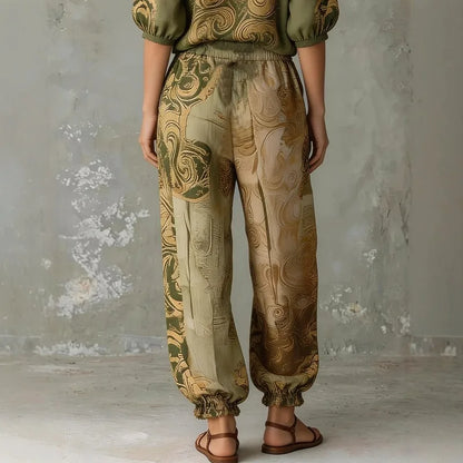 Kadın Desenli V Yaka Bohem Vintage Üst ve Pantolon Takımı