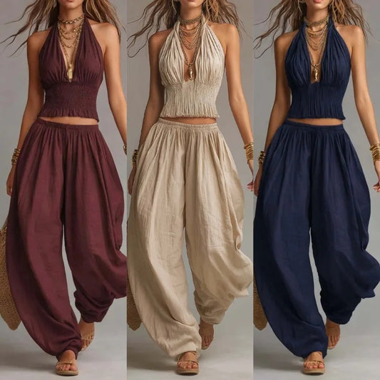 Kadın Keten Halter Yaka Geniş Paça Crop Bohem Üst ve Pantolon Takımı
