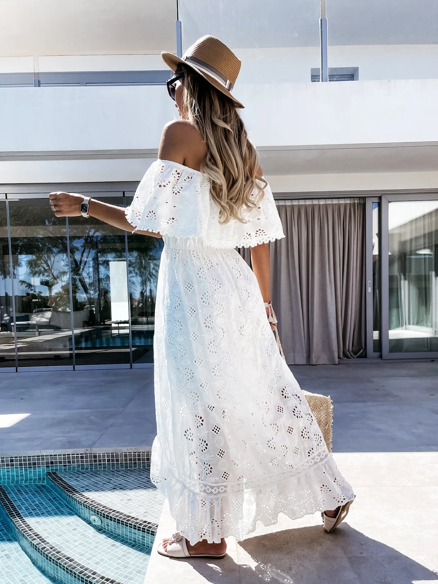 Kadın Tatil Dantel Kısa kollu Fırfırlı Maxi Elbise