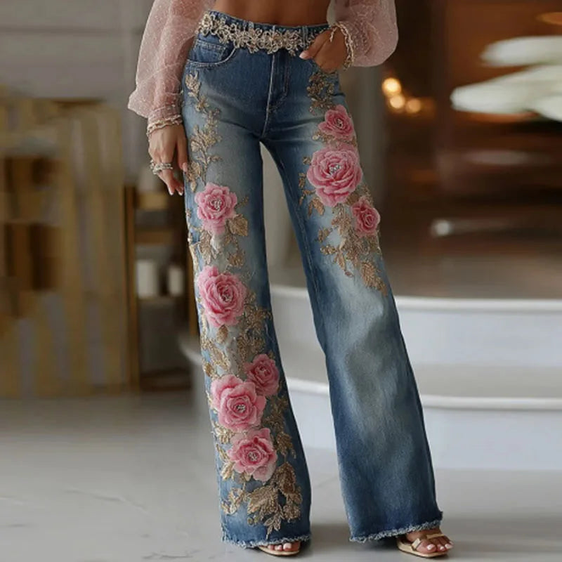 Kadın Denim Çiçek Desenli Yüksek Bel Cepli Retro Pantolon
