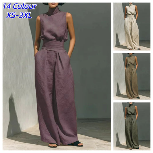 Women's Stand Collar Sleeveless Blouse and Pleated Wide-Leg Trouser Set