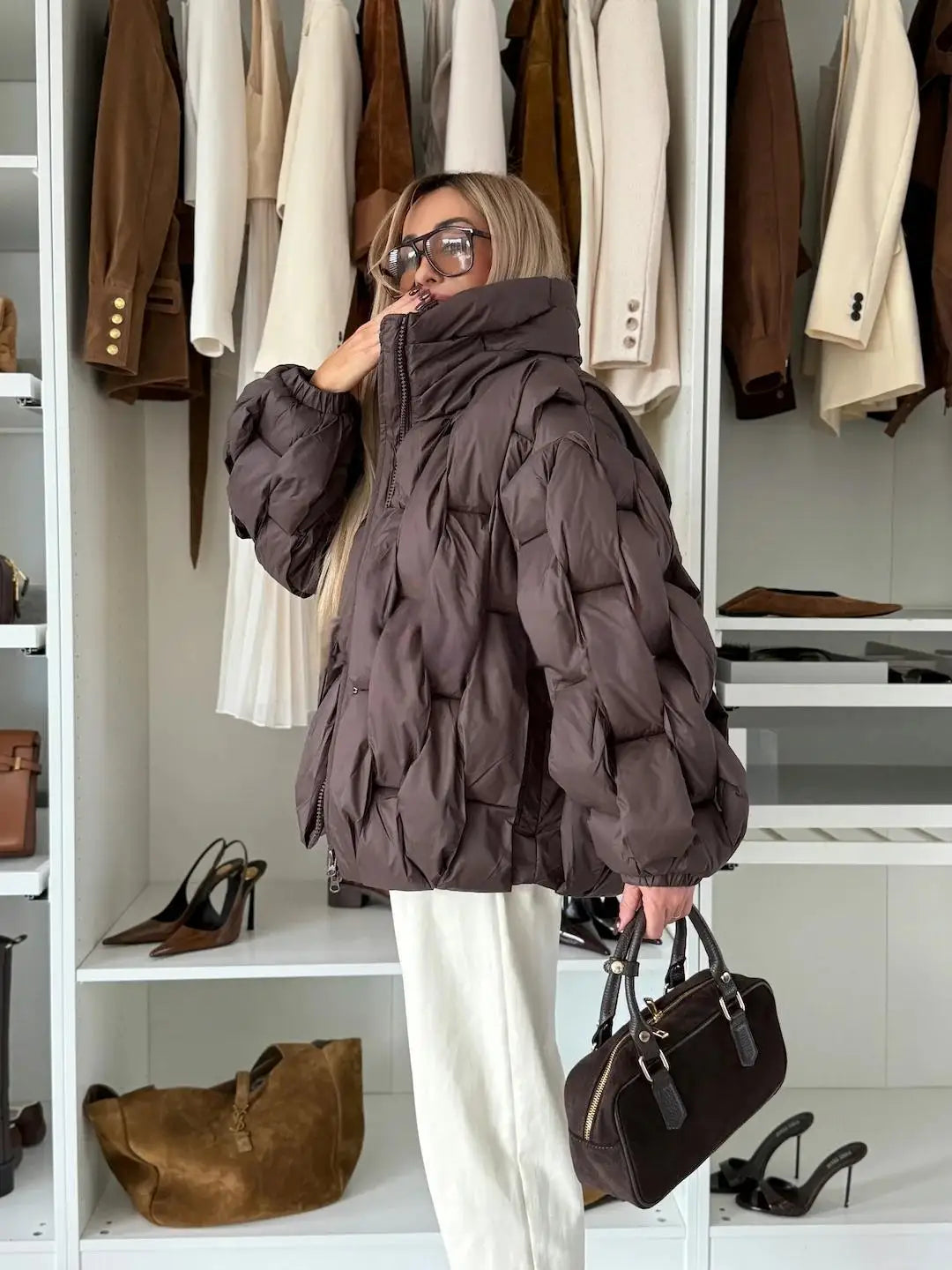 Oversize Şişme Desenli Kapüşonlu Kadın Puf Mont