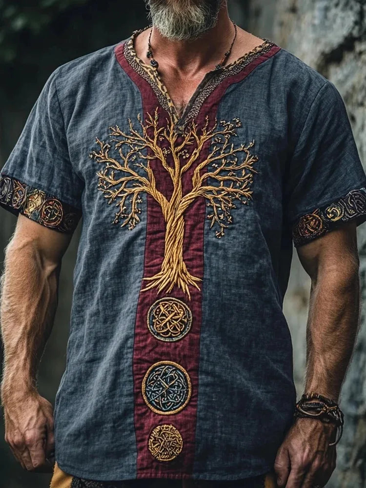 Erkek Keten Transparan Desenli V Yaka Kısa Kollu Gömlek