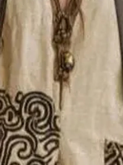 Kadın Keten Kontrast Detaylı Geniş Paça Bohem Vintage Üç Parça Pantolon Takımı