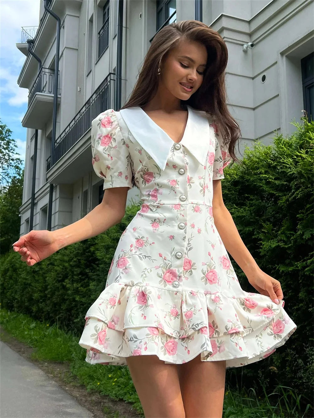 Kadın Tatil Ince askılı Kısa kollu V yaka Çiçek desenli A Kesim Mini Elbise