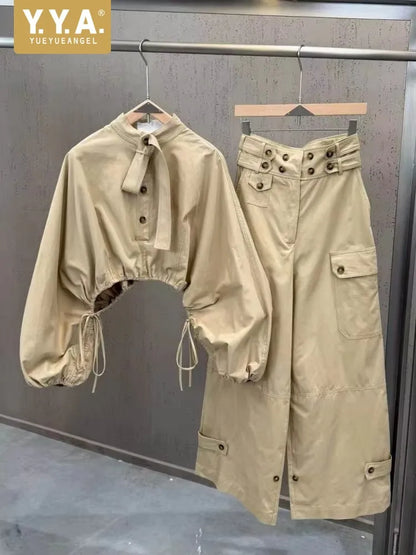 Bej safari stil fener kollu crop bluz ve kargo pantolon takım