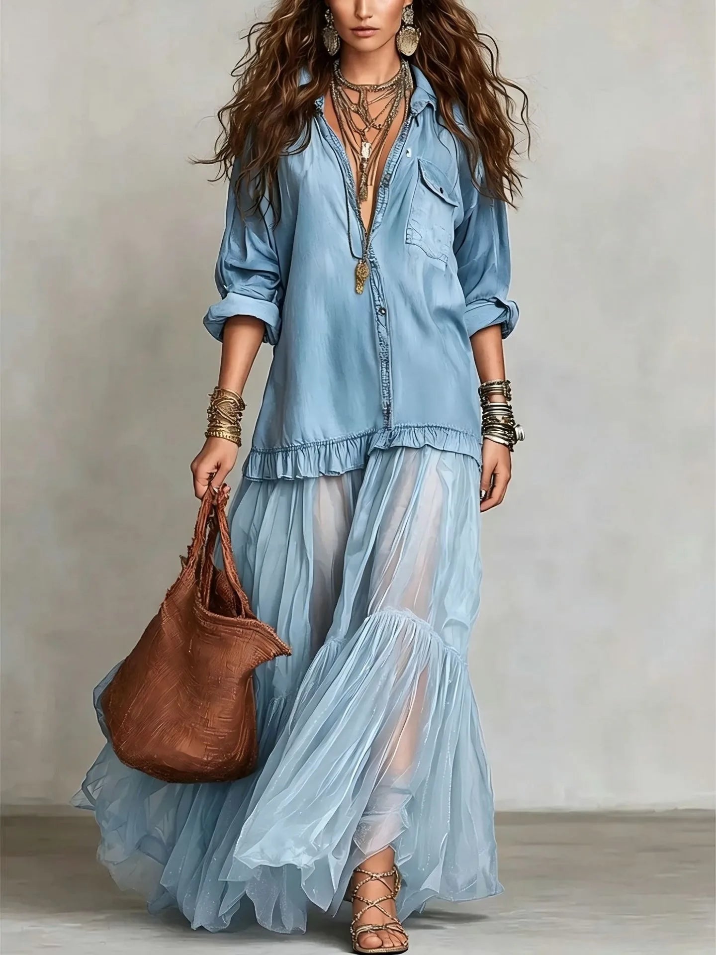 Kadın Denim Uzun Kollu Pileli Fırfır Detaylı Vintage Maxi Elbise