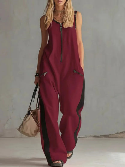 Kadın Kolsuz Geniş Paça Rahat Kesim Fermuarlı Vintage Tulum