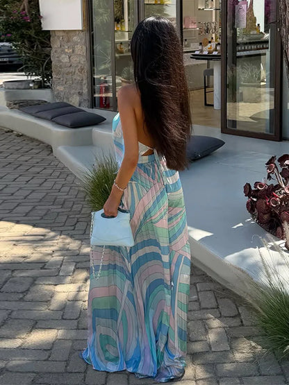 Kadın Pastel Desenli Saten Görünümlü Takım – Boyundan Bağlamalı Halter Bluz ve Geniş Paça Pantolon