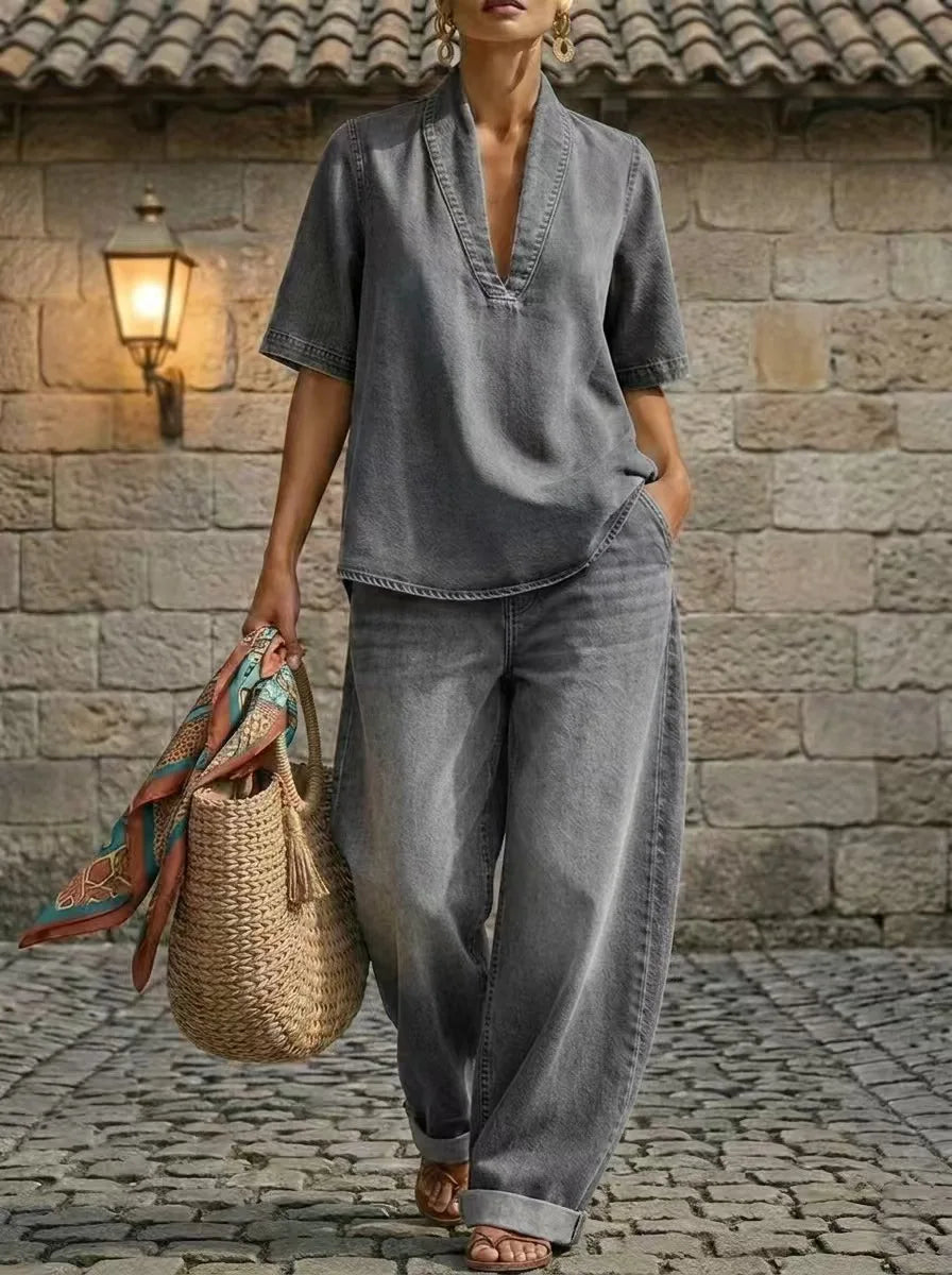 Kadın Denim V Yaka Kısa Kollu Geniş Paça Cepli Üst ve Pantolon Takımı
