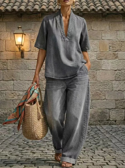 Kadın Denim V Yaka Kısa Kollu Geniş Paça Cepli Üst ve Pantolon Takımı