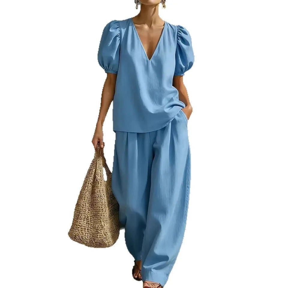 Kadın V Yaka Yüksek Bel Geniş Paça Vintage Günlük Üst ve Pantolon Takımı
