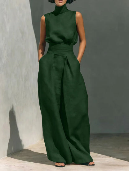 Women's Stand Collar Sleeveless Blouse and Pleated Wide-Leg Trouser Set