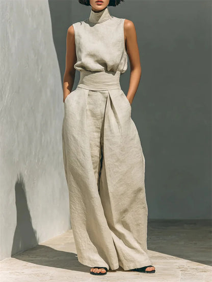 Women's Stand Collar Sleeveless Blouse and Pleated Wide-Leg Trouser Set