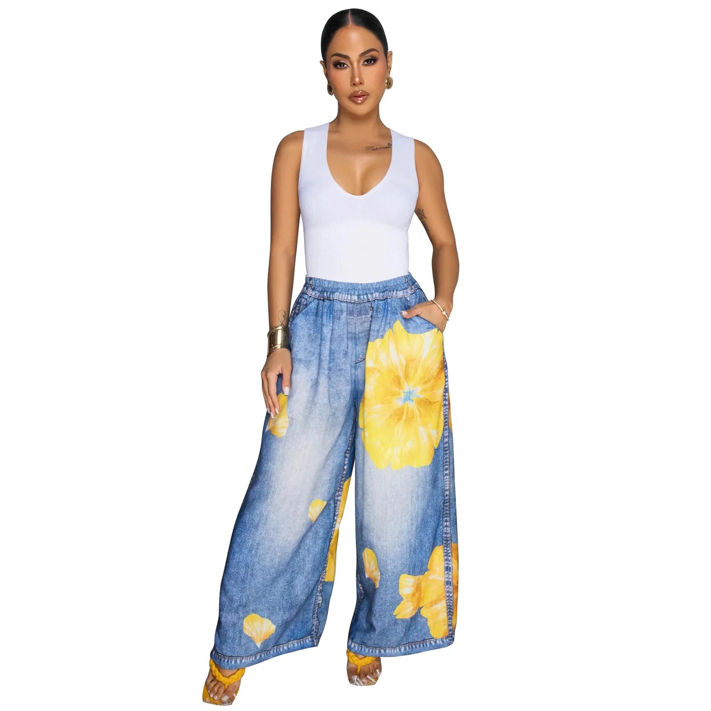 Kadın Günlük Denim Çiçek desenli Pantolon