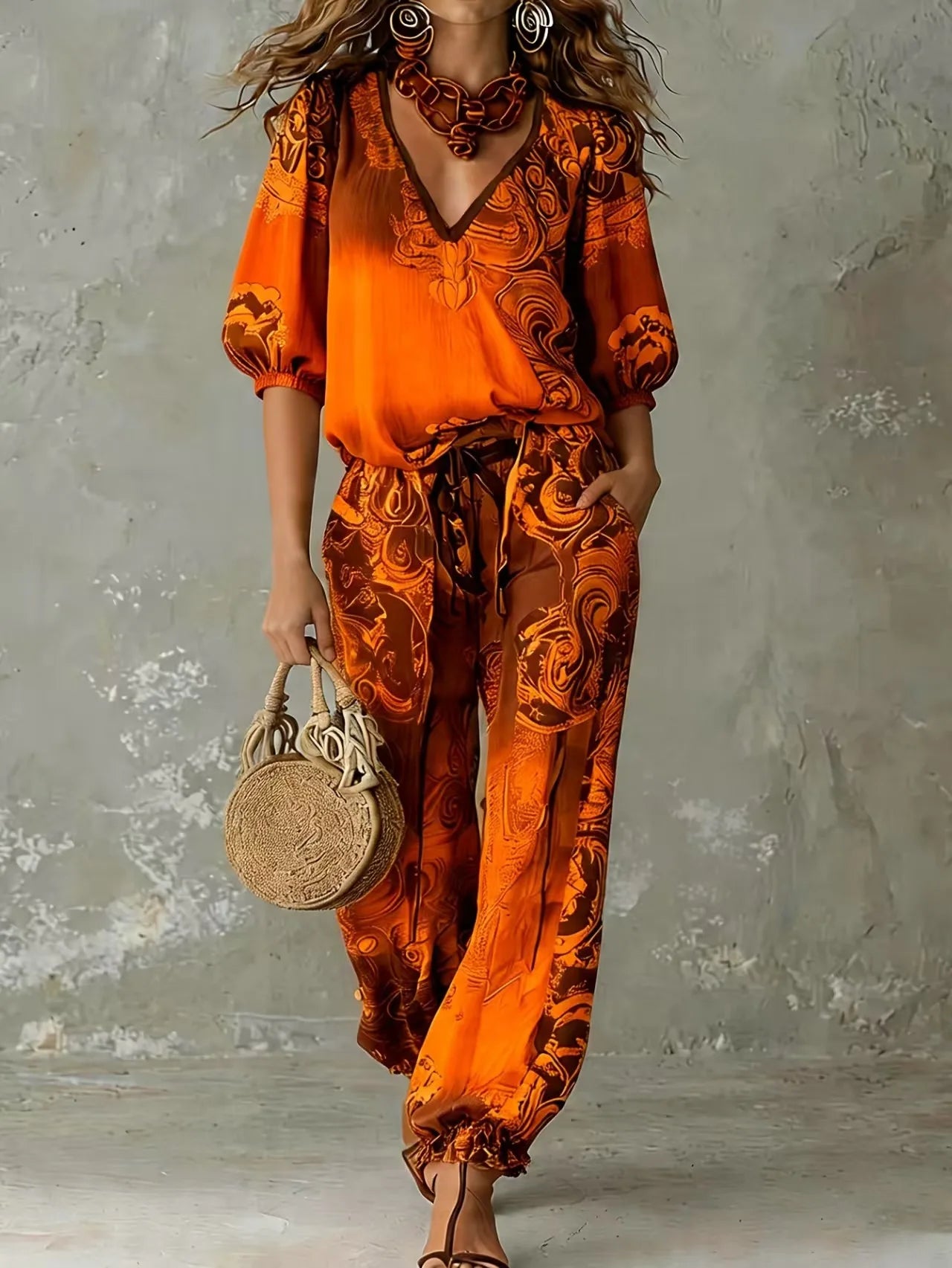 Kadın Desenli V Yaka Bohem Vintage Üst ve Pantolon Takımı