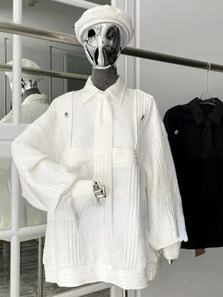 Kadın Gömlek Yakalı Oversize Sweatshirt – Kravat Detaylı, Katmanlı Görünüm Bol Kesim
