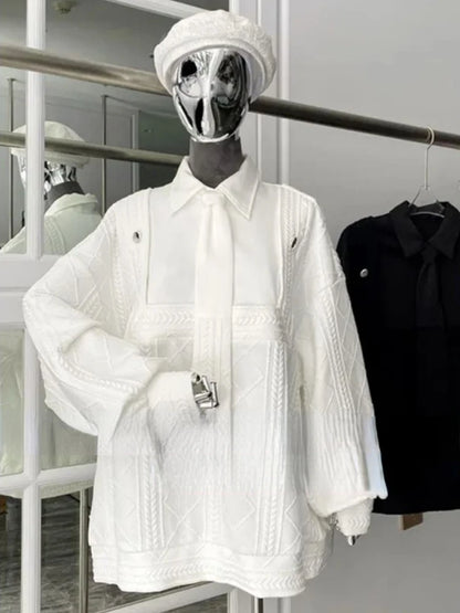 Kadın Gömlek Yakalı Oversize Sweatshirt – Kravat Detaylı, Katmanlı Görünüm Bol Kesim