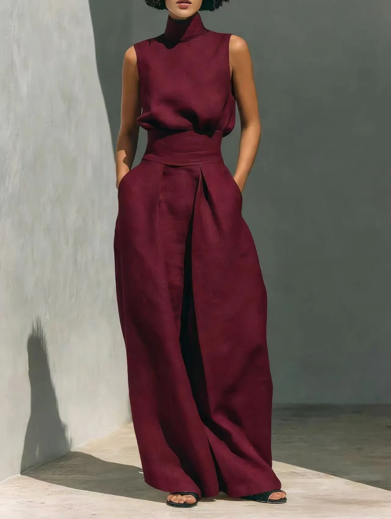 Women's Stand Collar Sleeveless Blouse and Pleated Wide-Leg Trouser Set