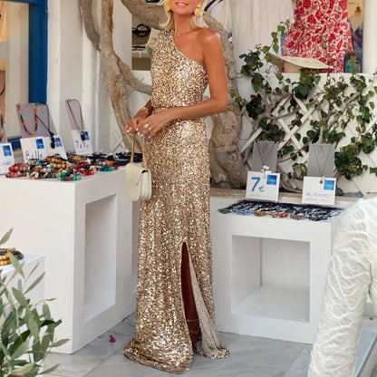 Kadın Pullu Tek Omuz Asimetrik Kesim Tatil Maxi Elbise