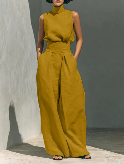 Women's Stand Collar Sleeveless Blouse and Pleated Wide-Leg Trouser Set