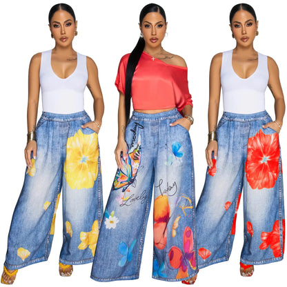 Kadın Günlük Denim Çiçek desenli Pantolon
