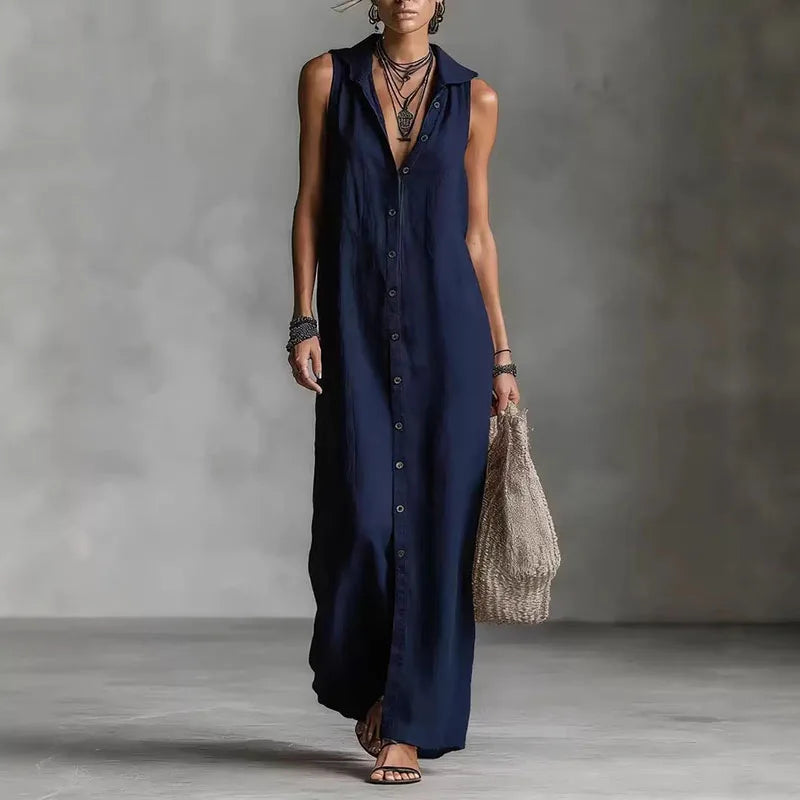 Kadın Kolsuz Yırtmaçlı Bohem Vintage Tatil Maxi Elbise