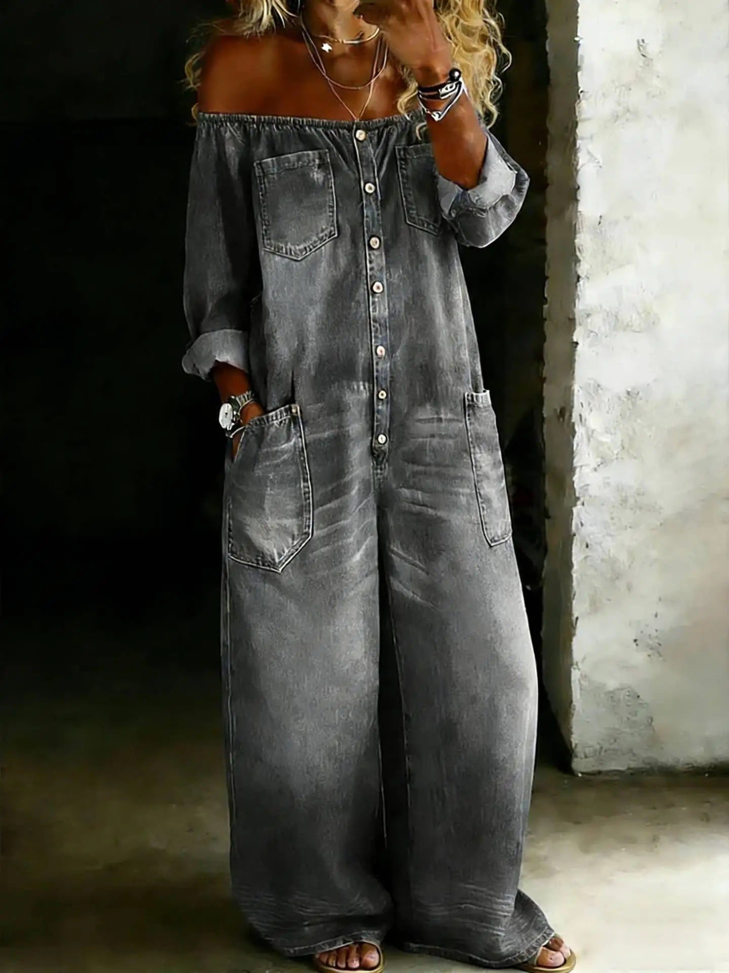 Kadın Denim Omuzları Açık Retro Tulum