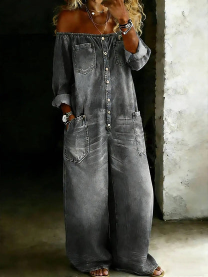 Kadın Denim Omuzları Açık Retro Tulum