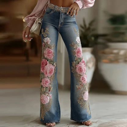 Kadın Denim Çiçek Desenli Yüksek Bel Cepli Retro Pantolon