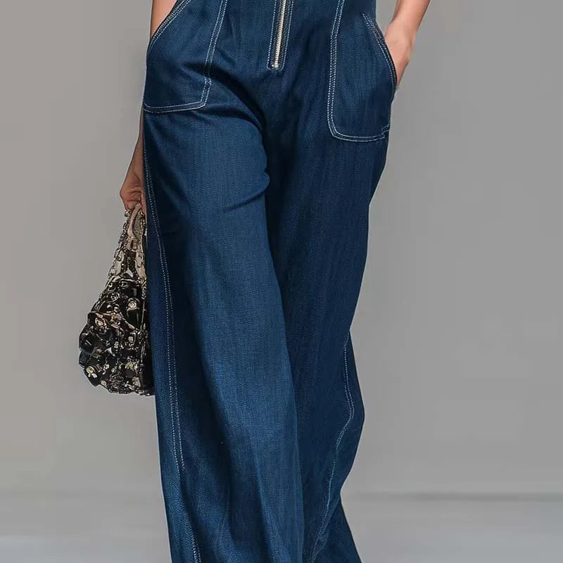 Kadın Denim Kolsuz Yüksek Bel Geniş Paça Fermuarlı Tulum