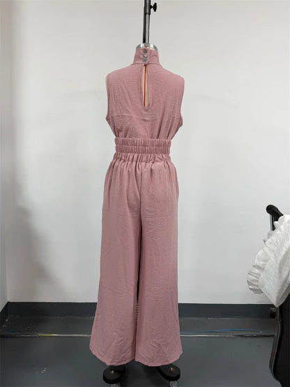 Women's Stand Collar Sleeveless Blouse and Pleated Wide-Leg Trouser Set