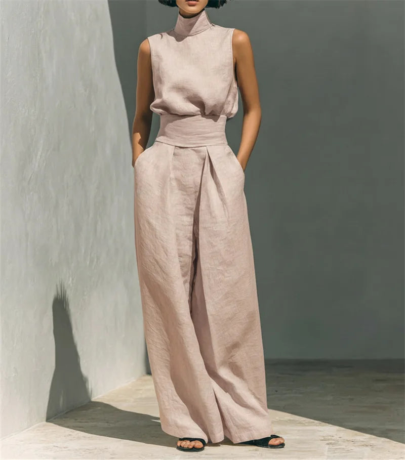 Women's Stand Collar Sleeveless Blouse and Pleated Wide-Leg Trouser Set