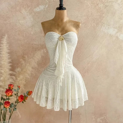 Kadın Tatil Dantel Omuz açık Straplez Tığ işi örgü Mini Elbise