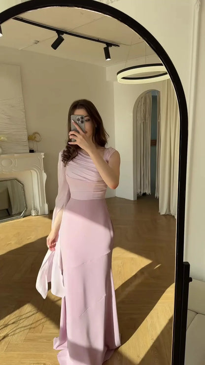 Kadın Tatil Yuvarlak yaka Saten Dar Kesim Maxi Elbise