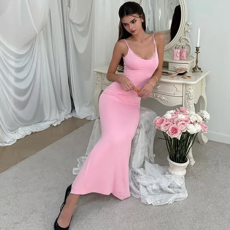 Kadın Tatil Dantel Ince askılı Kolsuz Dar Kesim Maxi Elbise