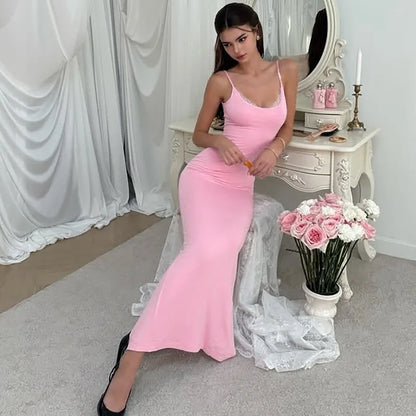 Kadın Tatil Dantel Ince askılı Kolsuz Dar Kesim Maxi Elbise