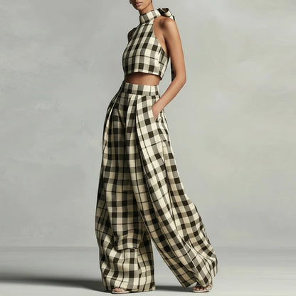 Women's Plaid Sleeveless Crop Top and Wide Leg Trouser Set