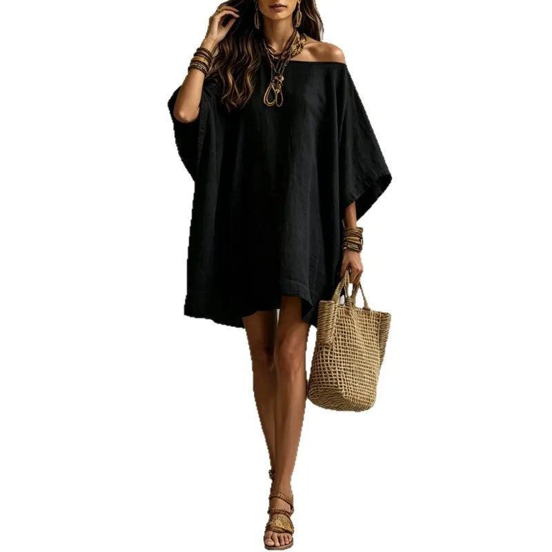Kadın Keten Omuzları Açık Yarasa Kol Cepli Plaj Mini Elbise
