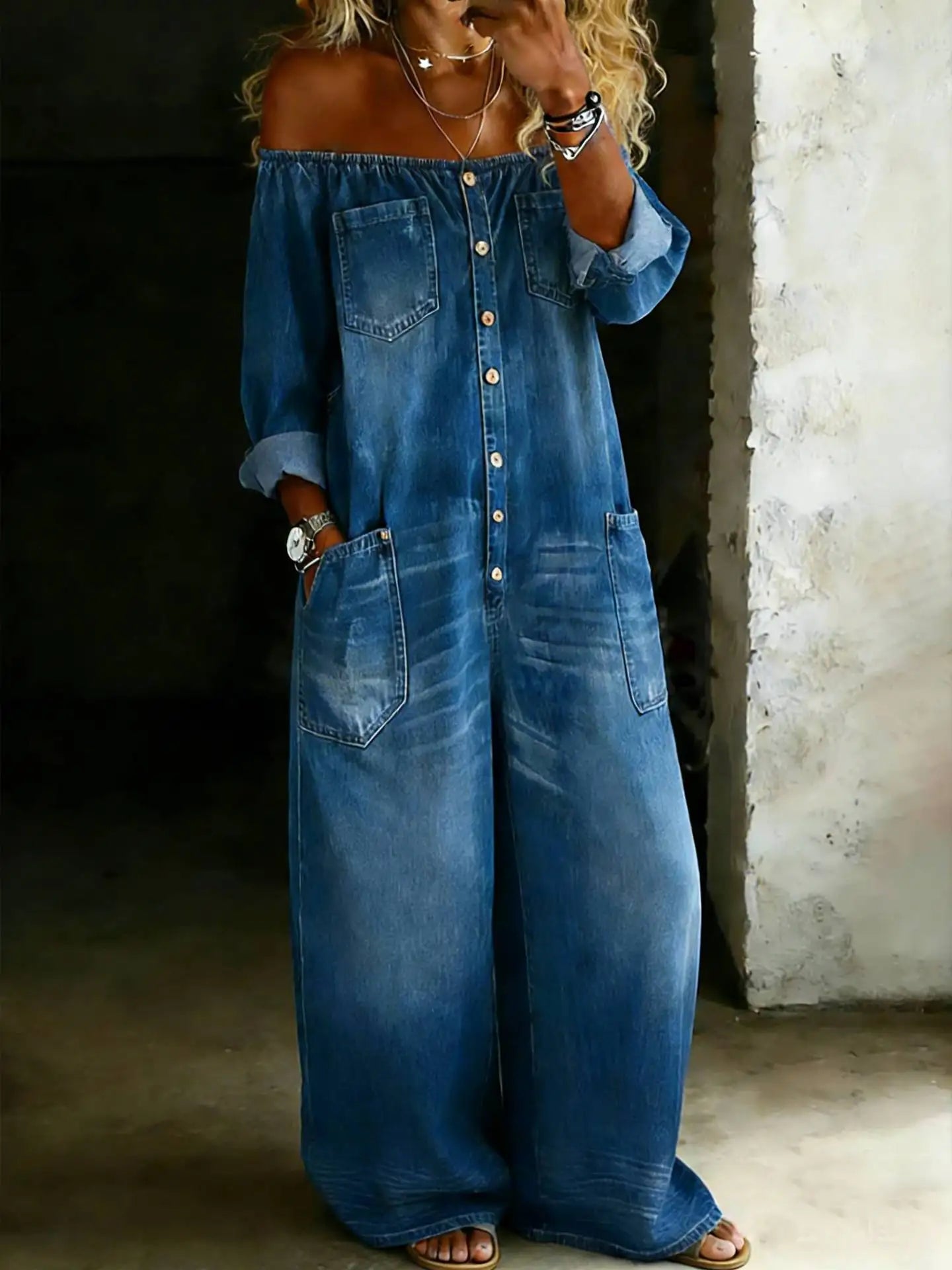 Kadın Denim Omuzları Açık Retro Tulum