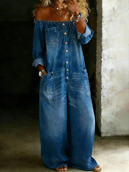 Kadın Denim Omuzları Açık Retro Tulum