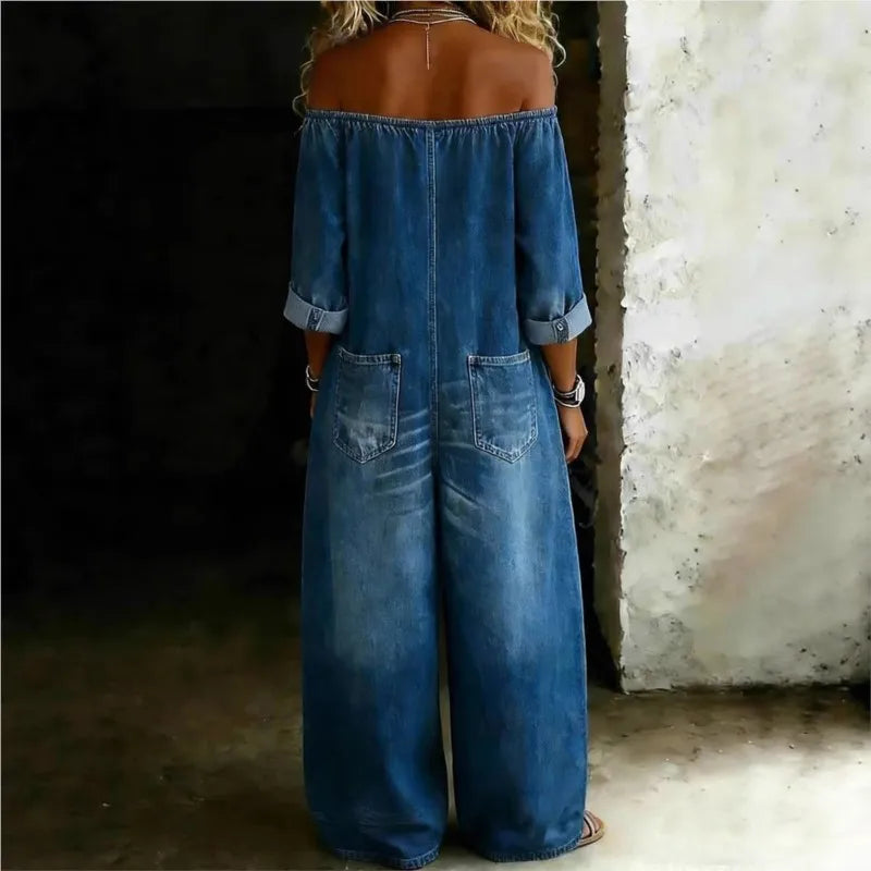 Kadın Denim Omuzları Açık Retro Tulum